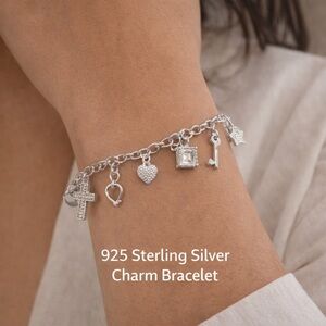 Sterling Silver Charm Bracelet with Heart & Key Charms